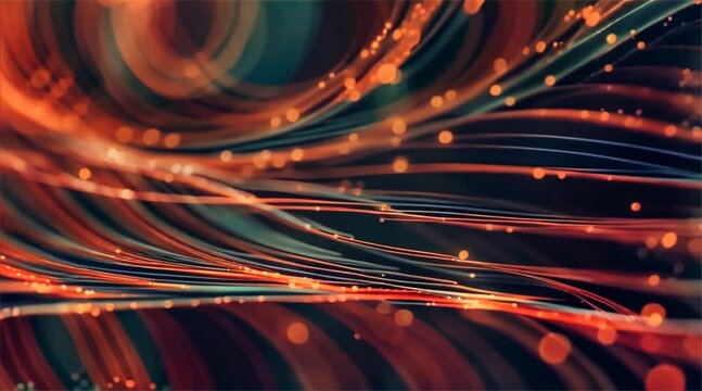 Dynamic close up of optical fiber strands with abstract light patterns representing fast digital communication