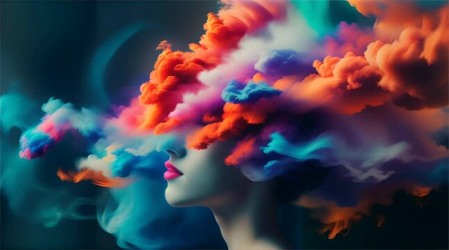 Abstract visualization of thoughts as clouds flowing out from a human head depicting creative brainstorming