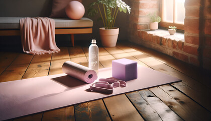 Top view of green pink yoga mat and glass water bottle. Yoga pilates practice, relaxation and meditation accessories