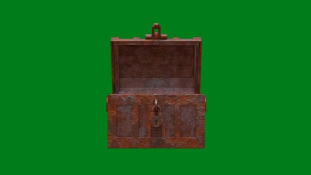 Open old wooden treasure box rusty metal edge open and empty front view 3D rendering