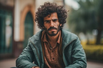 Portrait of a handsome man with curly hair wearing a green jacket.