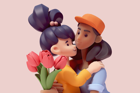 Portrait сute kawaii excited asian smiling child girl hugs young black mom sister gives bouquet of red tulips with love support, care congratulates on holiday. Mother's day. 3d render on pink backdrop
