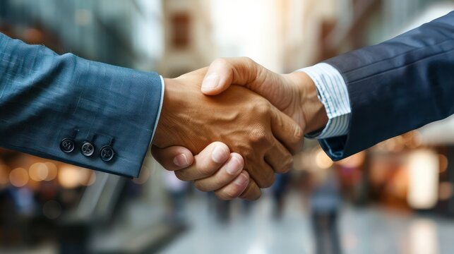 Two businessmen are depicted in a close-up, shaking hands to symbolize the successful conclusion of negotiations for a business merger and acquisition, showcasing teamwork.
