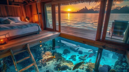 Experience the allure of a luxurious overwater bungalow with a transparent glass floor, revealing a vibrant coral reef as the sun sets over the tranquil sea.