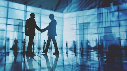 Silhouette of Two businessmen shaking hands, symbolizing successful negotiations for a business merger and acquisition, showcasing teamwork - obrazy, fototapety, plakaty