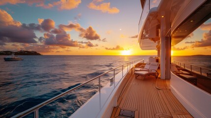 A serene sunset paints the sky with warm hues, viewed from the deck of a luxury yacht cruising...