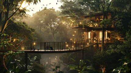 Fototapeta premium As twilight descends, a luxurious treehouse nestled within a lush forest comes to life with warm lights, offering an enchanting escape among the treetops.