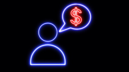 Neon glowing people with dollar icon on a black background.