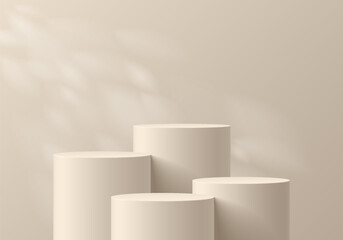 3D background with set of realistic beige cylinder podium pedestal and natural leaf light scene. Abstract composition in minimal design. Platforms mockup product display presentation. Stage showcase.