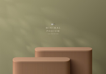 3D background with realistic podium or round stand product display set in brown and green color. Platforms mockup product display presentation. Abstract composition in minimal design. Stage showcase.