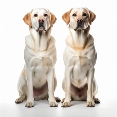 Two Canidae dogs, sitting together on white background