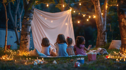 photo of a backyard movie night under the stars
