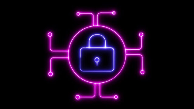 Neon glowing lock icon animated on a black background.