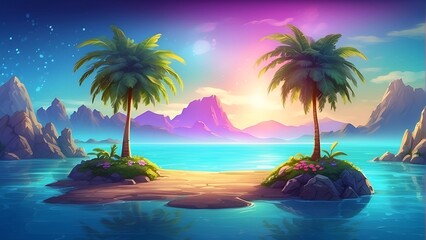 Fototapeta na wymiar Painting of a Tropical Island With Palm Trees