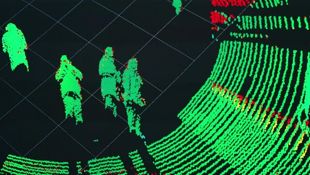 Real time handheld shot of many people shown on screen with lidar sensor vision technology during festival