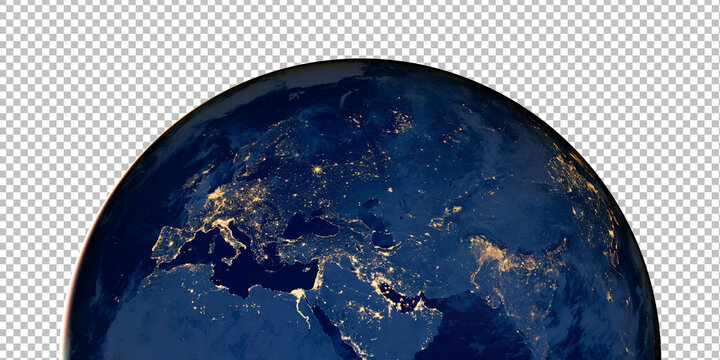 Planet earth photo at night on png background. City Lights of Europe, Asia and the Middle East from space, World map at night, satellite image. Elements of this image furnished by NASA.