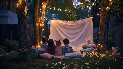 Obraz na płótnie Canvas photo of a backyard movie night under the stars