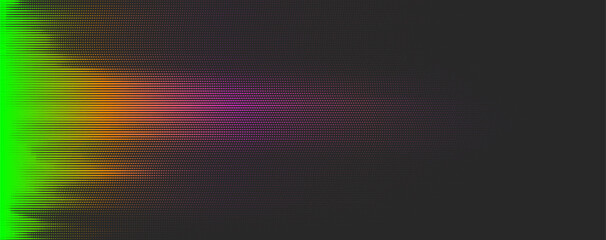 Abstract vector halftone background with grainy, dim horizontal light. Digital spectrum featuring vibrant green, yellow, and magenta hues contrasts on a dark screen. Glowing neon pixels glitch effect