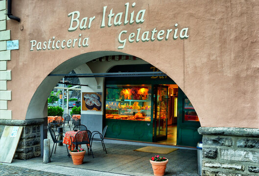 Porlezza, Province of Como, Lombardy, Italy, Europe - resort on Lake Lugano shore in Bergamo Alps, pastry and ice-cream Italian bar