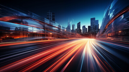 Fototapeta premium Long exposure captures vibrant light trails through a bustling cityscape during the blue hour.