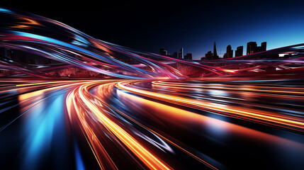 Fototapeta na wymiar Long exposure captures vibrant light trails through a bustling cityscape during the blue hour.