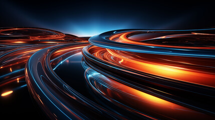 Long exposure captures vibrant light trails through a bustling cityscape during the blue hour.