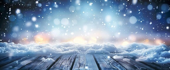 Winter Whimsy - Snow-Adorned Table Plank Beneath a Cold Sky with Falling Snowflakes. Made with Generative AI Technology