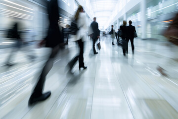 A dynamic blur of professionals in motion, captured during the bustling rush hour in a modern corporate environment, symbolizing the pace of business life.
