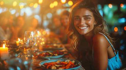 Uśmiechnięta kobieta świętuje, imprezuje przy stole
