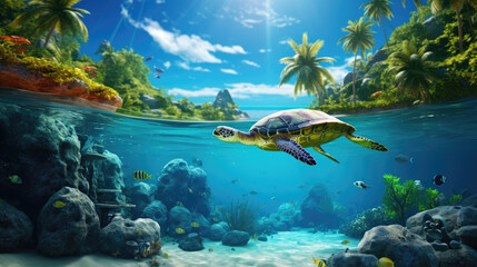 a turtle swims around with tropical fish near tropical ocean