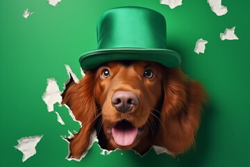 The head of a red irish setter dog wearing green leprechaun hat in a hole of the wall. St. Patrick's Day concept. Copy space.