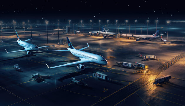 airport at night with several airplanes sitting on the runway