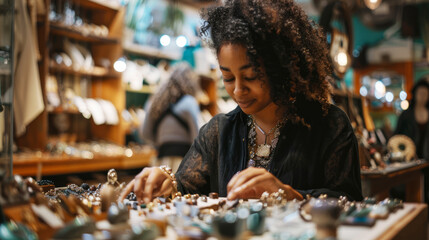 Smiling Young Woman Browsing Jewelry