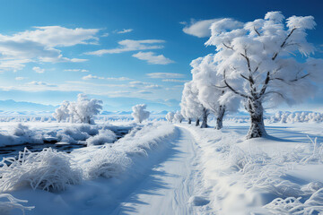 Fototapeta na wymiar Winter scene featuring snow-covered trees lining a stream in a tranquil setting