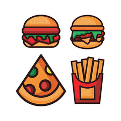 Cartoon isometric burger, pizza, potato icon, isolated vector illustration