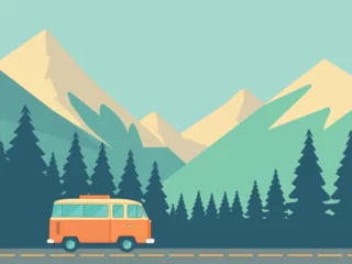 Foto op Plexiglas anti-reflex Auto cartoon bus on the mountain road landscape illustration