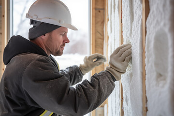 Construction worker installing house wall insulation in new home