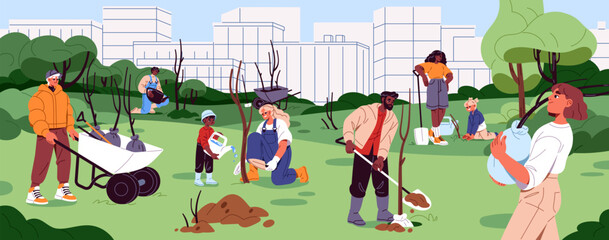 Team of ecology activists planting trees in soil. People with kids care about garden, urban park. Person watering seedlings. Characters growing saplings. Green environment. Flat vector illustration