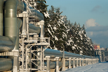 pipelines in winter in the background forest and city