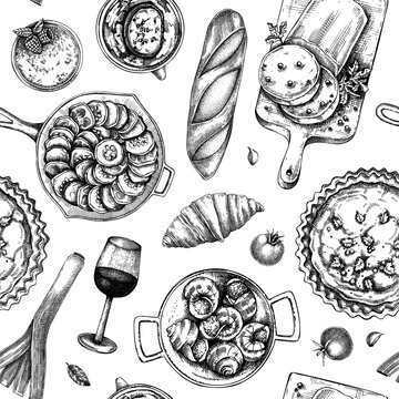French food seamless pattern. Vintage food and wine sketches. European restaurant menu design. France background. Hand-drawn vector illustration, NOT AI generated
