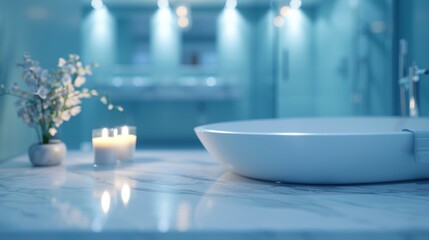 Spa blur bathroom contemporary interior blue light color background white marble table with aroma candle light for show, promote and design content or product on display concept