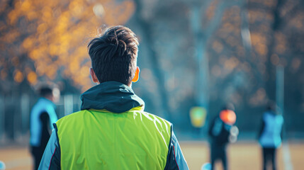 Back view of a coach in a green jacket watching a youth soccer team training on a sunny field.