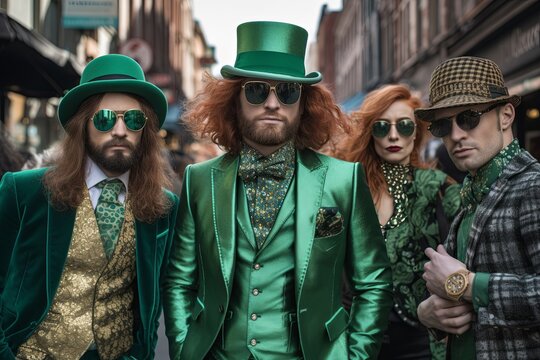A group people in green posing happily for a picture, with sunglasses and hats. St.Patrick 's Day.