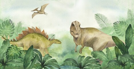 Watercolor illustration of banner or frame with a dinosaur Tyrannosaurus rex and pterodactyl and stegosaurus in green jungle with palm leaves. For children's room decor, wallpaper, invitation © dakora