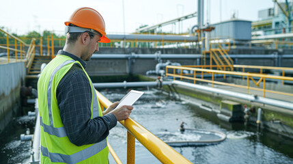 Environmental engineer in a reflective vest inspecting a wastewater treatment plant with a digital tablet. - obrazy, fototapety, plakaty