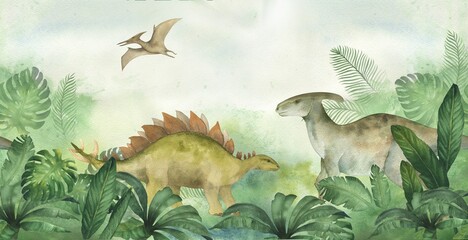 Watercolor illustration of banner or frame with a dinosaur parasaurolophus and pterodactyl and stegosaurus in green jungle with palm leaves. For children's room decor, wallpaper, invitation © dakora
