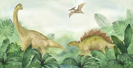 Watercolor illustration of banner or frame with a dinosaur diplodocus and pterodactyl and stegosaurus in green jungle with palm leaves. For children's room decor, wallpaper, invitation © dakora