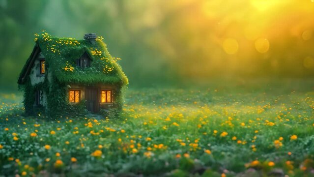 Magical house, whose windows emit warm light and appear inviting, is enveloped by lush vegetation and ivy, stands on yellow blossoms medow glowing in sunlight and swaying. St Patrick#s background. 