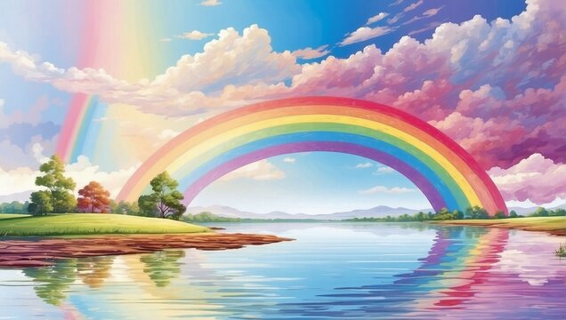 Rainbow Over Lake Painting