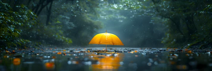 Schilderijen op glas Reflection of fireflies light on swamp surface created with , Rain on tent in forest tranquil night for peaceful camping and relaxing meditation in tropic   © Sana Ullah